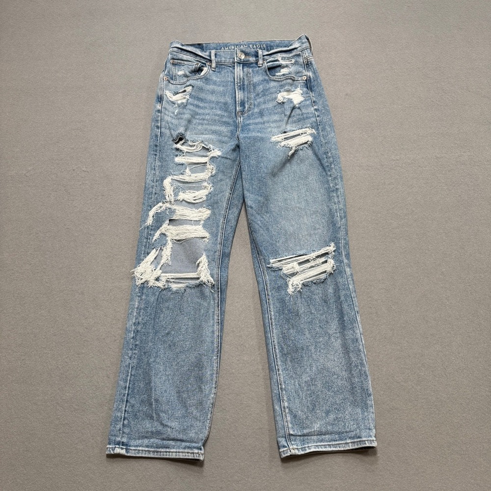 American Eagle Jeans Women's 8 Blue Straight Leg High Rise Stretch Distressed